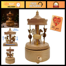 Wooden Carousel Music Box with Moving Horses, Rotating Wind-Up Decor, Collectibl