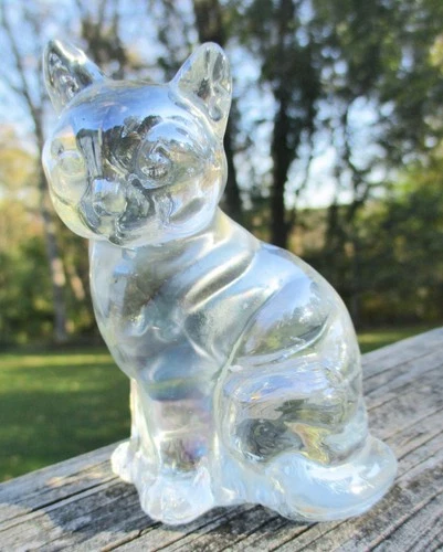 Vintage Fenton Clear Iridescent Carnival Glass Cat / Kitten Sitting