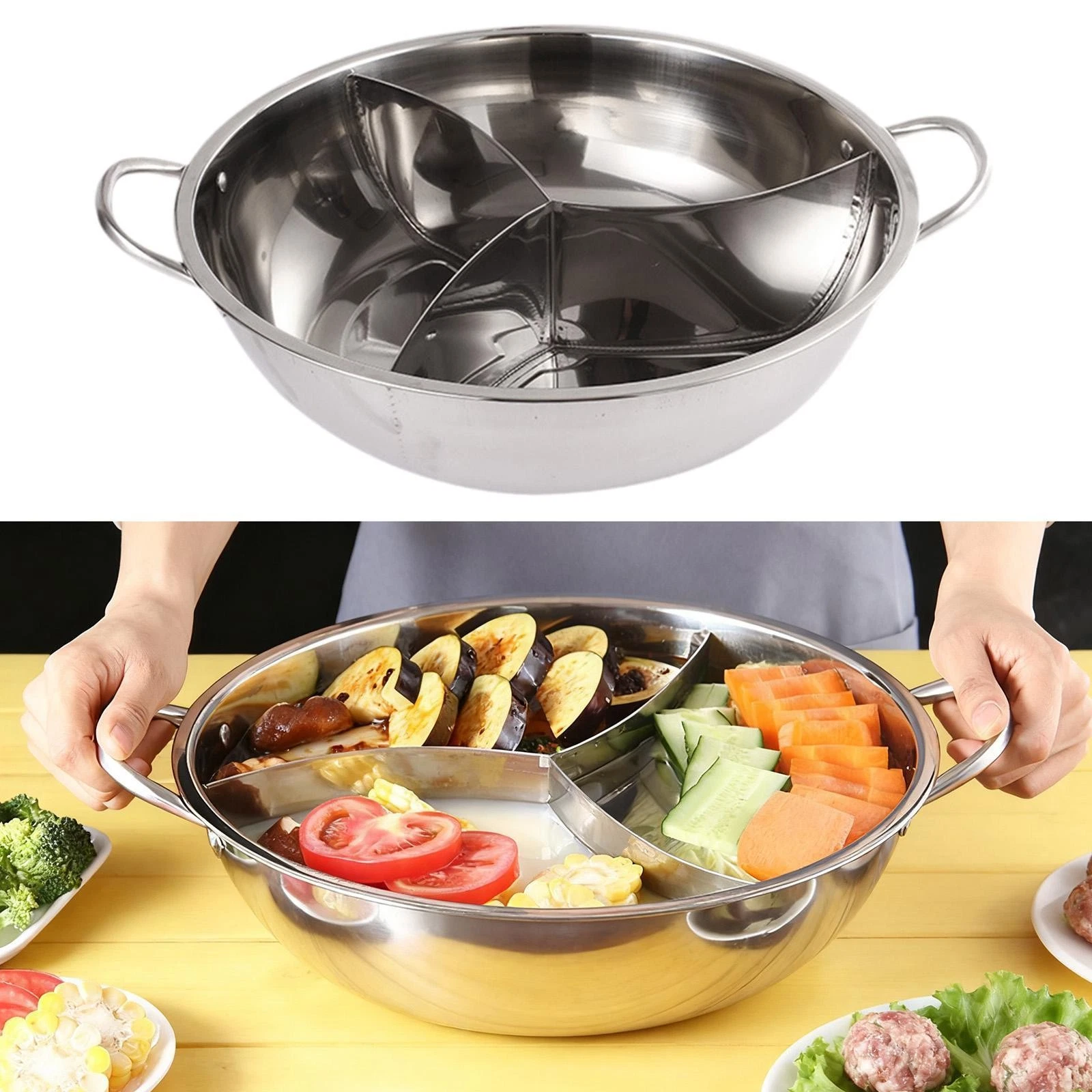 Stainless Steel Divided Hot Pot Versatile 3 Favor Easy to Clean Chinese Stock