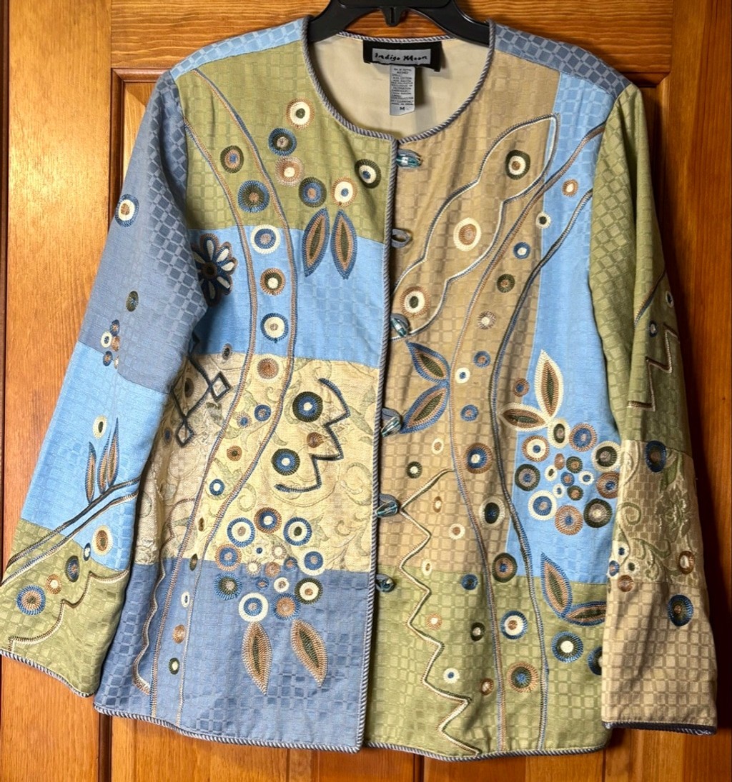 Indigo Moon Embroidered Patchwork Jacket Blue Gre… - image 1