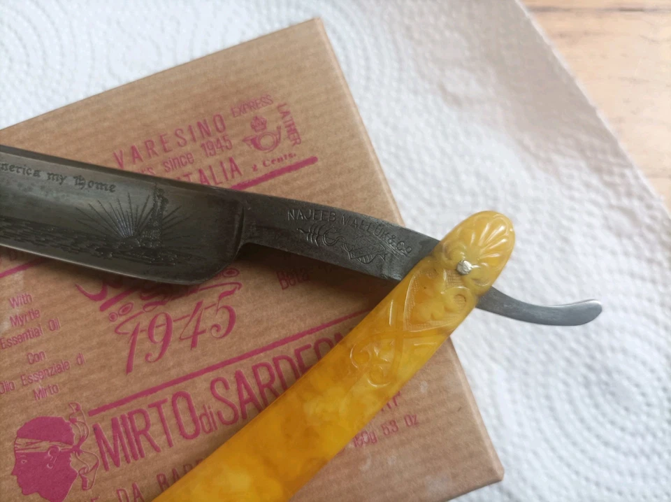 NAJEEB MALLUK & CO Straight Razor STUNNING Etched Blade & Scales! Germany - Immagine 4 di 4