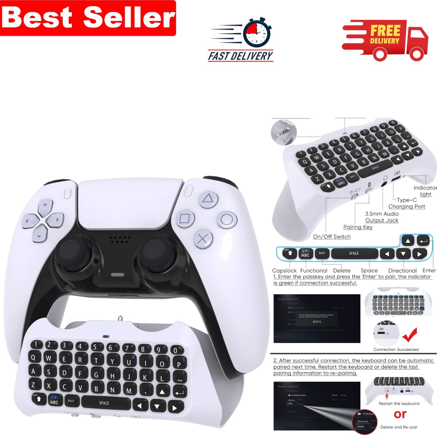 Wireless Bluetooth Keyboard for PS5/PS5 Pro - 47-Key Game Chatpad with Speaker