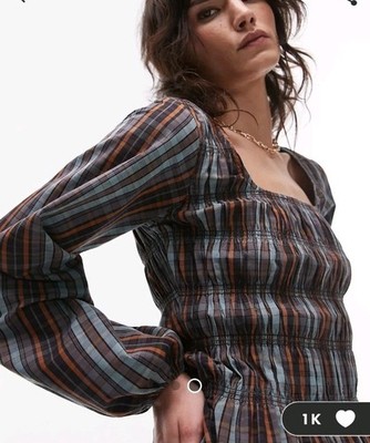Topshop Shirred Long Sleeve Midi Dress In Blue Vintage Check US 0 NWOT  Cotton | eBay