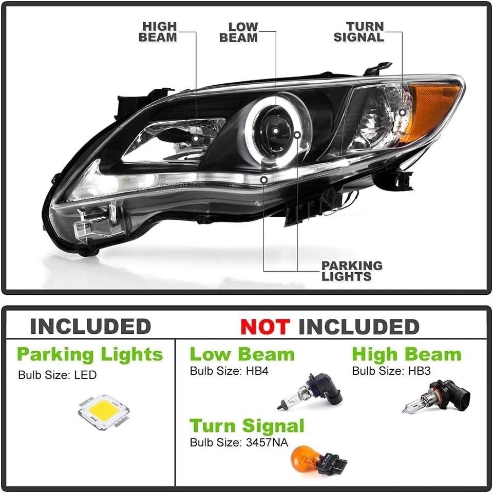 Fits For 2011-2013 Toyota Corolla Black Projector Headlight Assembly LED DRL - Image 2 of 4