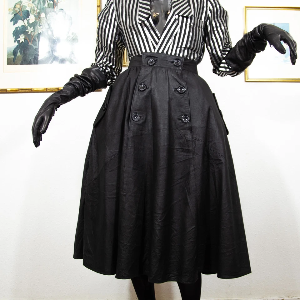 Vintage 1980s Black Leather Midi Skirt High Waisted Full Circle With Buttons 10 - Image 3 of 4