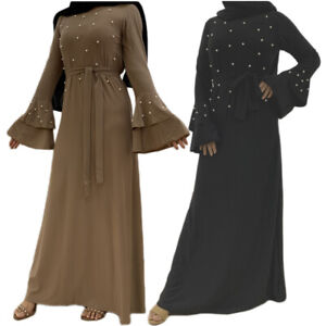 Women Muslim Beaded Dress Long Maxi Abaya Dubai Gown Turkish Kaftan Jilbab Robe