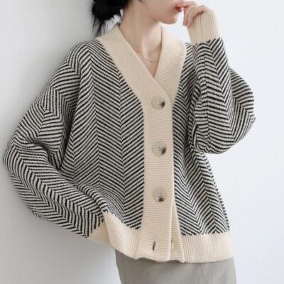 Women Striped Sweater Coat Knit Knitwear Drop Shoulder V-neck Retro  Cardigan