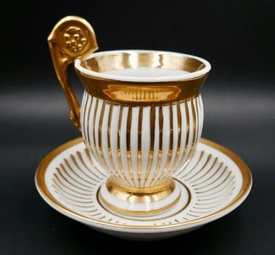 Antique European Tea Cup Saucer Gold White Embossed Stripe  Porcelain G-1225