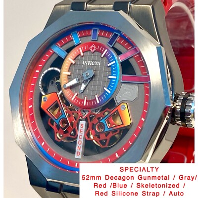 52mm Auto Skeleton | Red & Gunmetal |Silicone Strap SPECIALTY Invicta Mens Watch