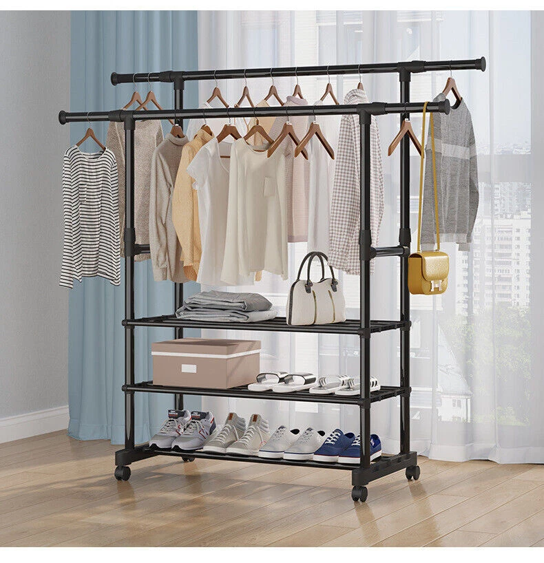 Heavy Duty Closet Organizer Metal Garment Rack Clothes Hanger Storage Shoes  Rack