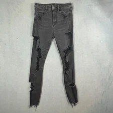 American Eagle Jeans Womens 6 Black Super Hi-Rise Jegging Destroyed Stretch AEO