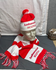 Vintage AMBASSADOR SCOTCH Whiskey knit SCARF Beanie PomPom HAT acrylic ORLON