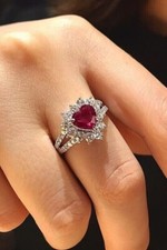 925 Sterling Silver 2.30Ct Hear Lab-Created Ruby Halo Cluster Engagement Ring