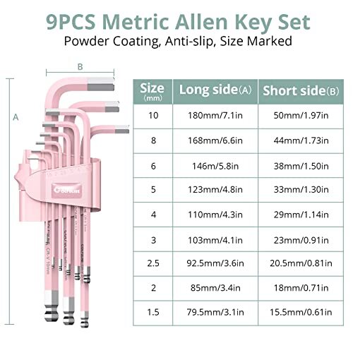 9 Pcs Pink Allen Key Set Long Ball End Hex Key Set Crv Allen Wrench Set For Wome - Picture 2 of 9
