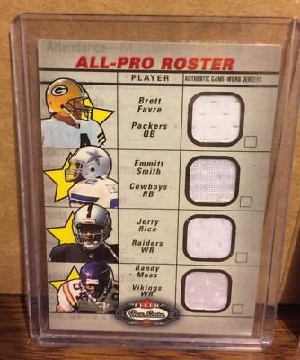 Emmitt Smith Favre Rice Moss 2002 Fleer Box Score All-Pro Roster Quad Jersey SP