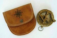 Nautical brass sundial pocket compass with leather case vintage sundial gift