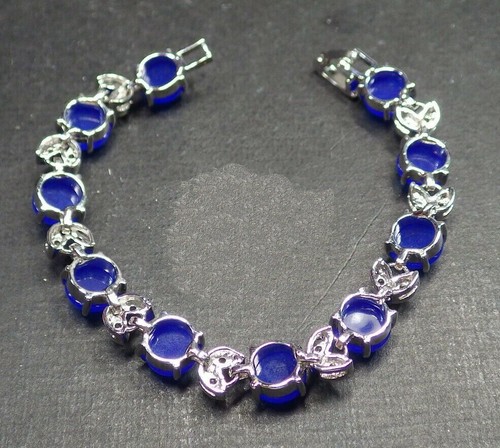 Genuine Blue Jade Cabochon Bead Cubic Zirconia Flower 18KGP Bangle Bracelet - Picture 7 of 7