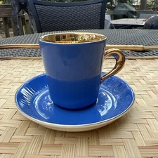 Figgjo Flint Norway Demitasse Espresso Cup & Saucer Blue Gold Gild 1950s