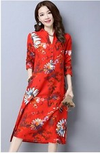 3/4 sleeve Women floral Split Neck Midi Dress with Side Pockets-M-XL