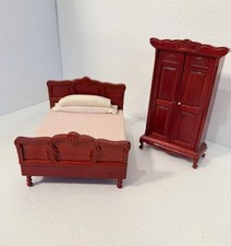 Vintage Melissa & Doug Dollhouse Furniture Wooden Bedroom Set of 2 Bed Armoire 