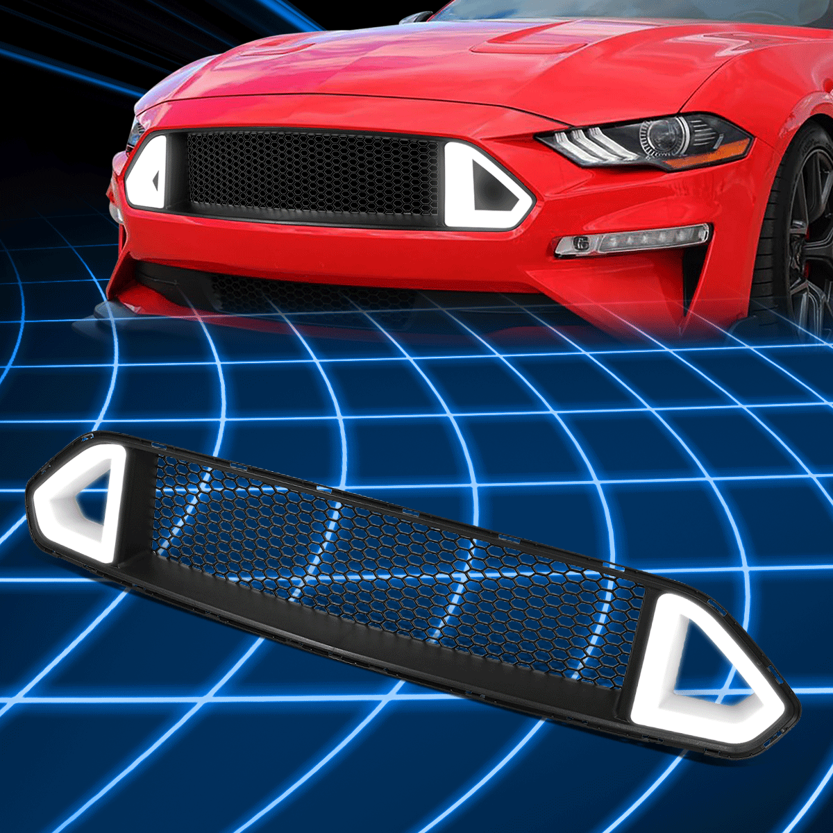 Ford mustang フォード・マスタング LEDグリル For 18-20 Mustang {TRIANGLE LED DRL Strip} Honeycomb Front Grille