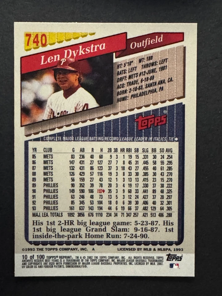 2002 Len Dykstra #740 Topps Chrome 1993 Archives Reserve Card - Image 2 of 4