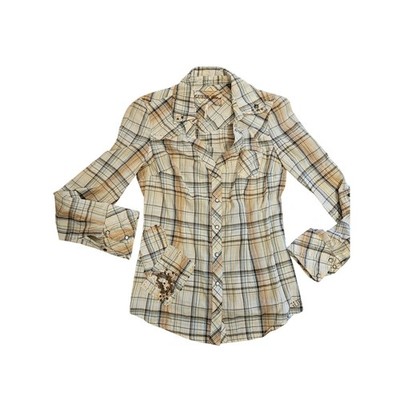 Guess jeans snap button babydoll button down shirt womens small brown gold y2k