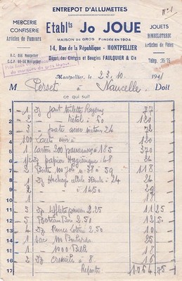 34 MONTPELLIER wholesaler ETAB JO JOUE 1941 haberdashery