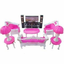 HOT 6pcs Barbie Dollhouse Möbel Set Sofa Couch Stuhl Sessel + TV Schrank NEU DE`