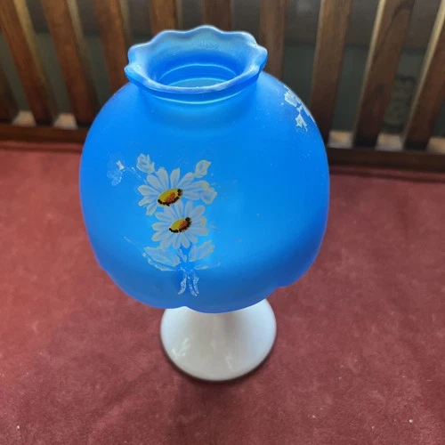 Vtg Westmoreland Tea Light Fairy Lamp Milk & Blue  Satin Glass Painted Flowers