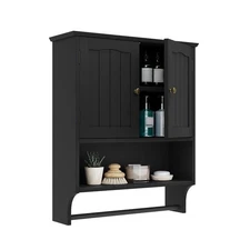 Black Bathroom Cabinet Wall Mounted with Towels Bar, Medicine Cabinet with 2 ...