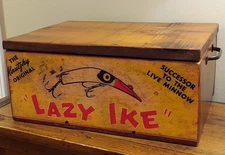 Vtg Lazy Ike Fishing Lure Advertising Wooden Box Storage Man Cave Cabin Decor
