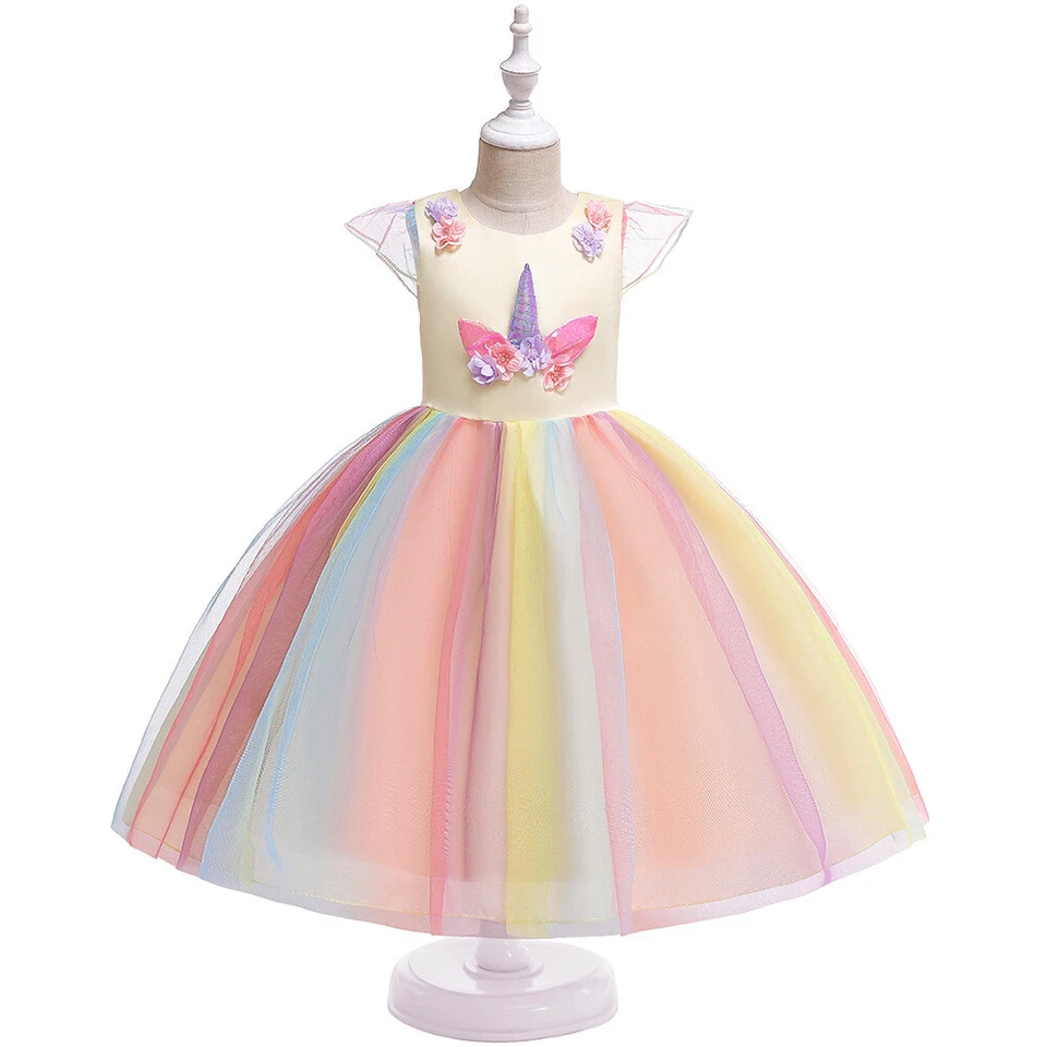Rainbow Unicorn Girl Dress Party Flower Lace Long Tutu Formal Princess Dresses - Image 4 of 4