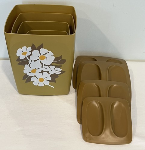 70s Vtg Gold White Flowers Floral Plastic Nesting. Set of 4 Canisters w/ Lids - Picture 2 of 19