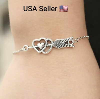 New Vintage Cupid LOVE Arrow Heart Feather Chain Charm Bracelet Bangle For Women