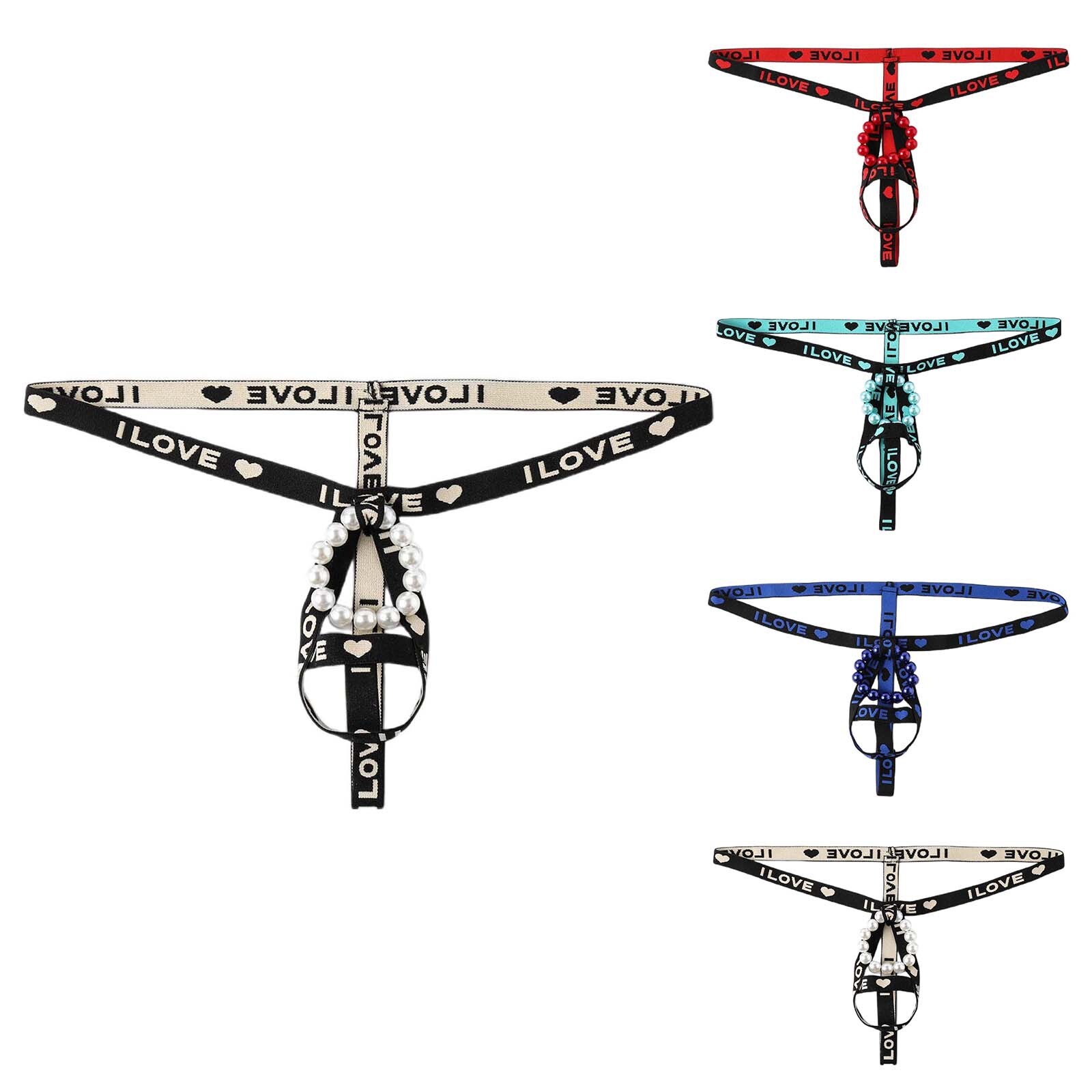 Men's Solid Color Sexy Underwear Pearl Ring Hollow Underwear Thong