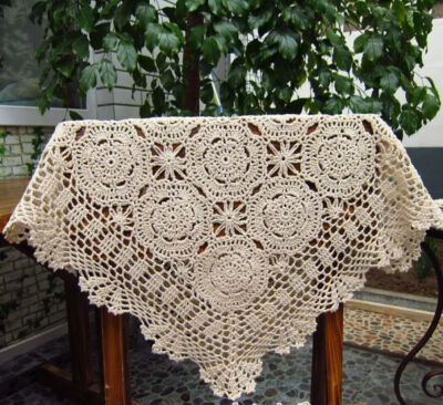 20'' Vintage Hand Crochet Lace Doily Square Table Cover Topper Flower Tablecloth