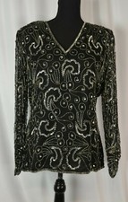 Papell Boutique Women's Beaded Sequin Blouse Top Size Large Silk Black Pullover