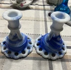 Vintage blue & White Swirl Milk Glass Candle Holders 4.75 in Glossy Taper