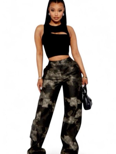Fashion Nova Women’s Faux Leather Cargo Pants Wide-Leg Pockets Camo 3X