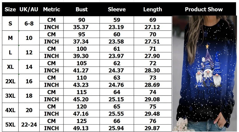 Womens Christmas Print Jumper Blouse Shirts Xmas Pullover Top Tee Plus Size 6-24 - Image 2 of 4