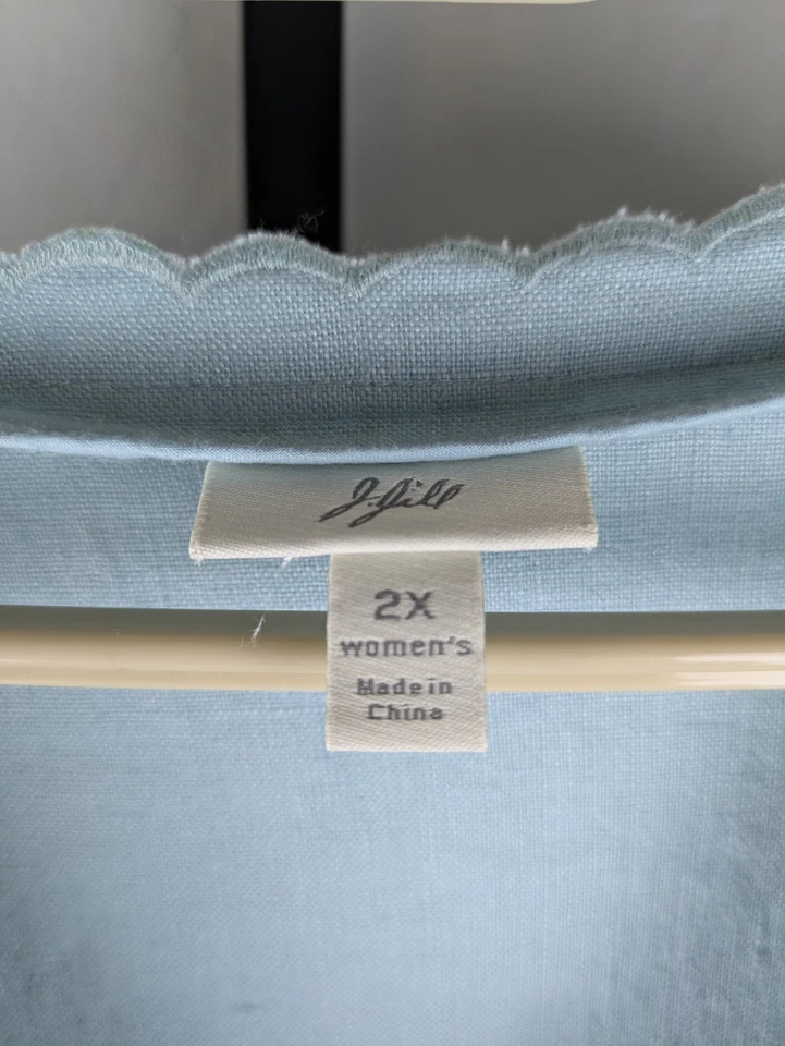 J. Jill 2X Blue Linen Button Front Jacket V-neck Scallop Trim - Image 3 of 4