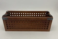 Lattice Pattern Wood Basket Crate Woven Rectangle Cherry Stain W/Handles NEW