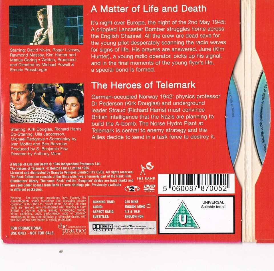 A Matter Of Life And Death & The Heros Of Telemark - 2 Full Films - Promo DVD - Image 2 of 4