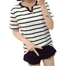 Fashion Ladies Loose Fit Striped Printed Casual Vneck Short Sleeve Top