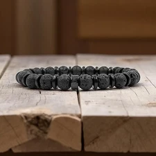 Men’s Gemstone & Wood Bead Bracelet - Volcanic Night - Handmade Stretch Jewelry