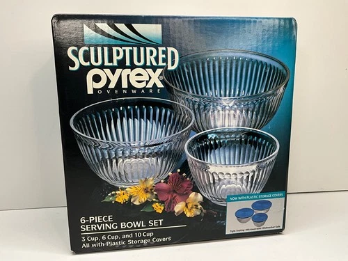 NOS Vintage PYREX Sculptured Ovenware 6-Piece Serving Bowl Set (3) w/ Lids (3)