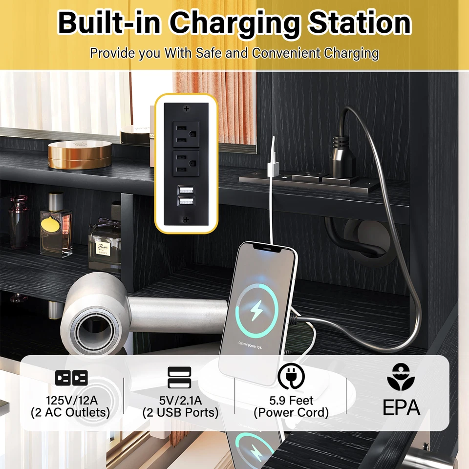 Juego de tocador de maquillaje con espejo tocador con estación de carga para dormitorio Foto 4 de 4