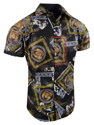 Italian Lion Floral Gold Stripe Men Short Sleeve Shirt Flip-Cuff Stretch Slim