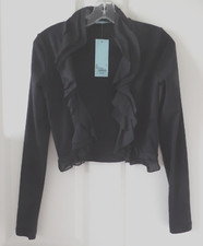 New W Tag Kookai Black Cotton Sz 2/4 Black Top Dress Bolero Jacket Ruffle Collar